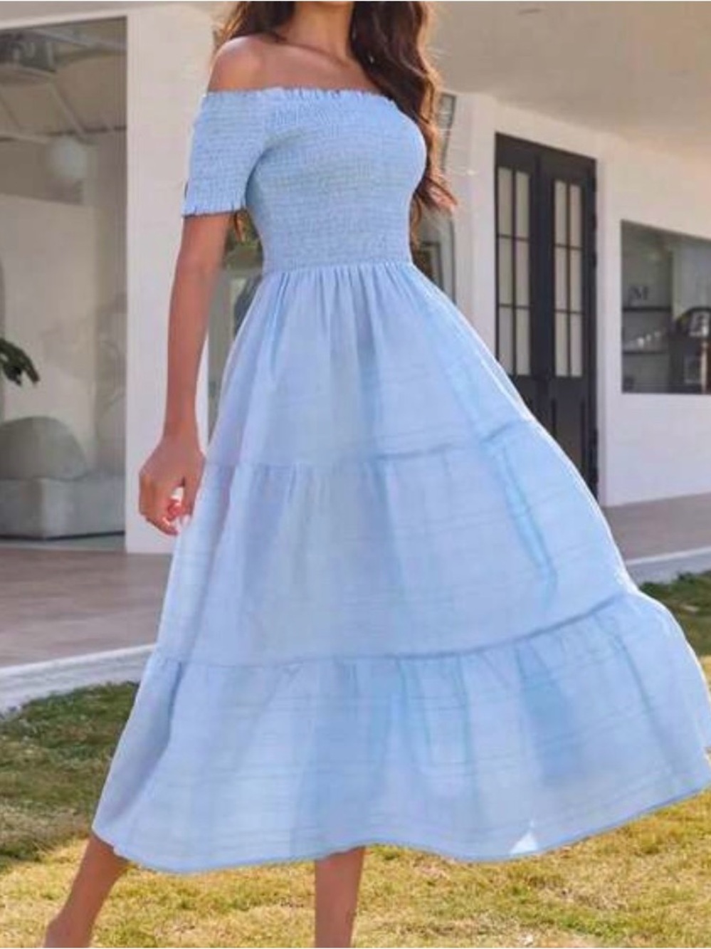 Off-Shoulder Light Blue Smocked Midi Dress
